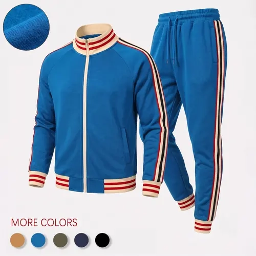 Men’s Retro Stripe Print 2-Piece Tracksuit Set - Zip Front Stand Collar Jacket & Drawstring Waist Jogger Pants, Relaxed Fit Casual Athletic Outdoor Streetwear Outfit for Workout
