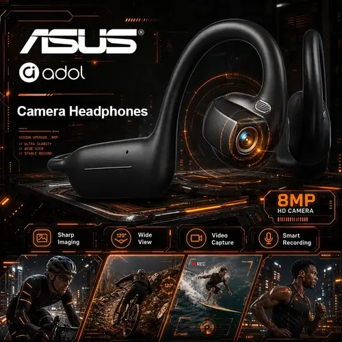 ASUS Adol OWS-G206 On-Ear Cordless Headphones - Wireless Bluetooth Waterproof Electronic Portable Audio Headset with 8MP EIS Stab. Camera, First-Person View
