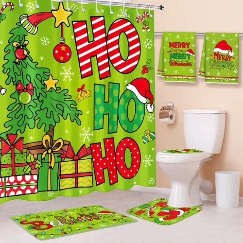 6/7 Pcs Christmas Bathroom Decor Naughty Bathroom Makeover 72x72 inch Green Waterproof Shower Curtain & Non Slip Rugs & Toilet Lid Cover Guest Bathroom Decor HO HO HO Holiday Bathroom Styling Christmas Decorations Decorate with Me Christmas Cozy Xmas Gift