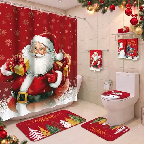 6/8 PCS Christmas Bathroom Decor Santa Claus Bathroom Makeover 72x72 in Waterproof Shower Curtain Set for Bathroom Non Slip Rugs Toilet Lid Cover Santa Snowman Christmas Decor for Guest Bathrooms Holiday Xmas Gifts