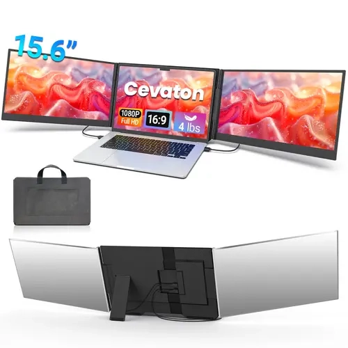 Cevaton 15.6" Dual Laptop Screen Extender Computer Monitor, Lightweight Aluminum Alloy Freestanding No-Clamp Desktop Stand, 1920x1080 FHD IPS Screen, Rear Ports, Type-C/HDMI Compatibility, Power Adapter Included, Triple Display Ready (Monitor Only), Dual