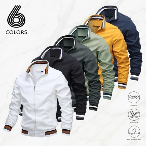 Men's Casual Stand Collar Zip-Up Lightweight Coat - Plain, Stylish Long-Sleeve Menswear with Contrast Ribbed Hem, Multiple Colors for Everyday Wear, Commuting