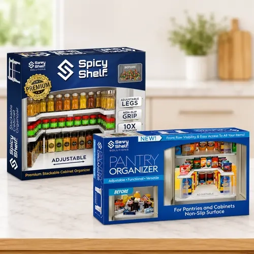 Spicy Shelf Premium 3.0 & Savvy Shelf Adjustable Expandable High-Capacity Pantry Organizer Bundle for Kitchen Cabinets, Boxes, Racks