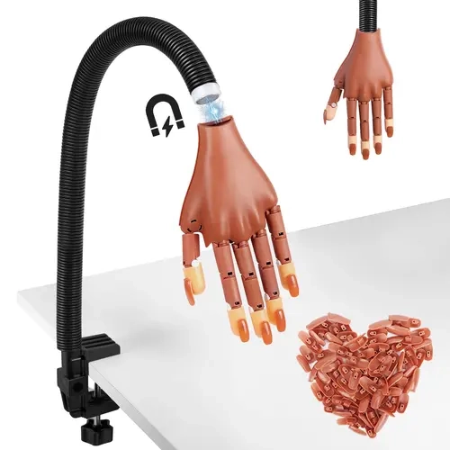 Magnetic Nail Training Practice Hand - Flexible ABS Material, Snap-On Detachable Fingers, Desktop Clamp Stand, 100-Piece Refill Kit, Nail Care Manicure Accessory Set for Beginner At-Home Manicure Supplies