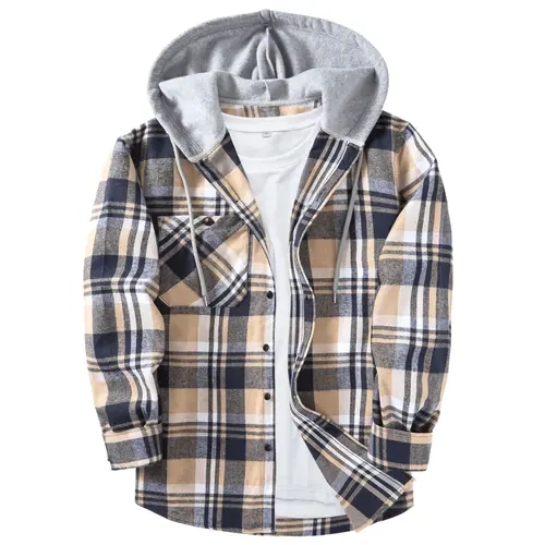 ZITY Men's Plus Size Checked Flannel Hooded Long Sleeve Shirt-Jacket - Casual Style Outerwear, Button Front, Drawstring Hood, Pockets, Soft Fabric, Mens Clothing, Gifts for Him, Plus Size Clothes