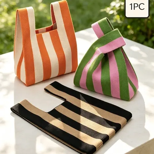 Women's Patchwork Striped Knit Bag, Lightweight Small Patchwork Design Handbag, Daily Carry Shopping Bag, Elegant Boston Bag for All Seasons