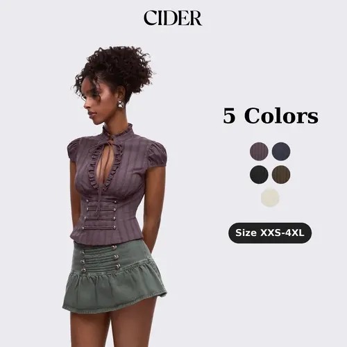 Cider Napoleonic Core There Will Be Rumors Top Vintage Ribbed Puff Sleeve Blouse with Front Cutout & Bow Tie Napoleon