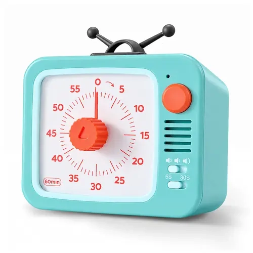 Retro TV-Style Visual Countdown Timer - 60-Minute, Magnetic Mount, Pause & Resume, Silent No-Tick, Adjustable Volume, Visual Alert, Light & Sound Alarm for Kids, Study