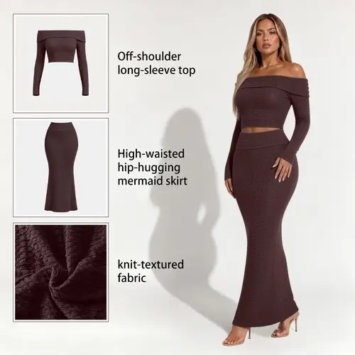 Elengatine Women's 2-Piece Knit Outfit Set - Off-Shoulder Long-Sleeve Crop Top, High-Waisted Mermaid Skirt, Textured Stretchy Fabric, Slim-Fit Elegant Casual Dressy Set for Date Night, Party, Daily Wear