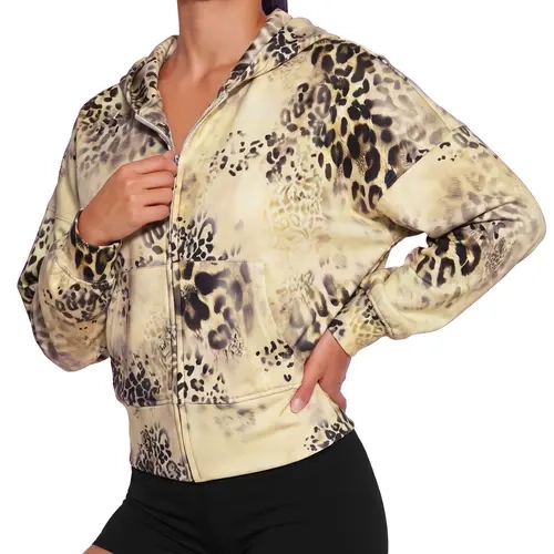 Aoysky Women's Basic Oversized Hood Pullover - Front Zipper, Medium Length, Puff Long-Sleeve Knit Casual Printed Cropped Hoodie with Kangaroo Pockets, Vintage Leopard/Gingham/Polka Dot Streetwear Top