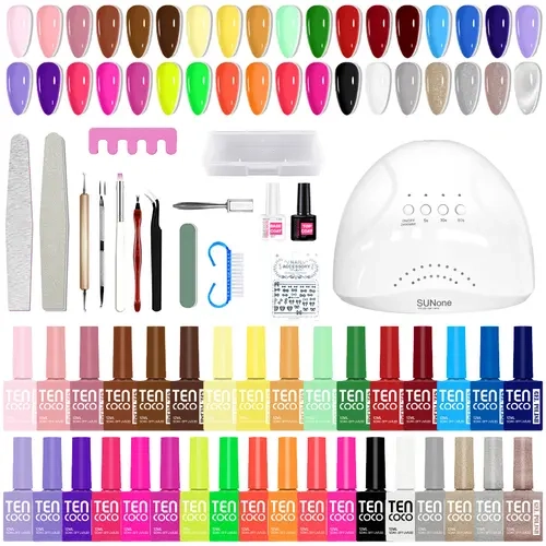 Tencoco 51-Pcs Colorful Fantasy Gel Nail Polish Set, 35-Color UV-Cured UV Lamp Formula with Chic Crystal Cat Eye Art Tools, Long-Lasting Translucent Glossy, Alcohol-Based Nail Care Supplies, Ideal Summer Gift for Enthusiasts