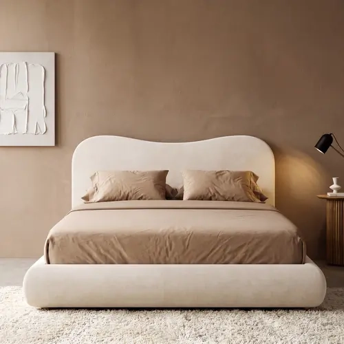 RECCI Queen Size Luxurious Platform Bed Frame - Camelback Curved Headboard, Modern Upholstered Design, 360° Soft Foam Edge Surround, Low Profile, Safe Bedroom Furniture, Minimalist Aesthetic, No Box Spring Needed, Easy Setup, Queen Size Bed Frame