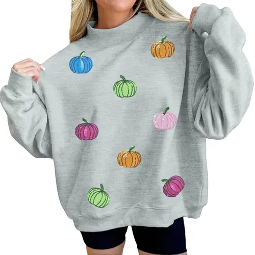 Mntaor Women's Halloween Cozy Sequin Pullover Sweatshirt Tops - Mock Neck, Colorful Embroidered Pumpkins, Soft Sparkly Womenswear for Campus Days, Coffee Runs