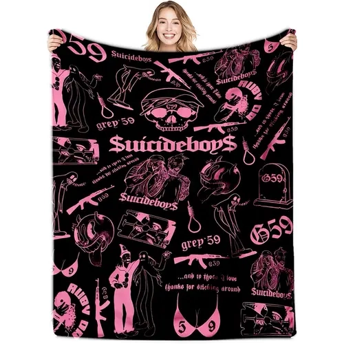 Pink Black Gothic Suicideboys Flannel Blanket, Hip‑Hop Band Skeleton Art Fuzzy Polyester Throw Blanket, Cool Hippie Music‑Theme Blanket for Teen Present, Decorative Blanket for Couch, Twin Size