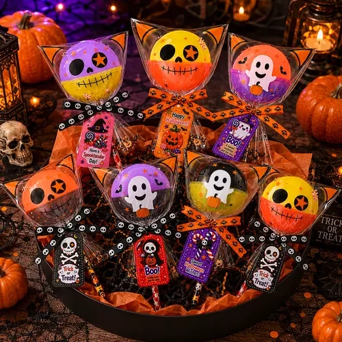 2026 Newest Upgraded Unisex Light-Up Halloween Lollipop Stationery Kit - 24-Pack Larger Set with Cards, Halloween Party Favors Gifts Set, Goodie Bag Fillers, Party Gift Packs for Kids