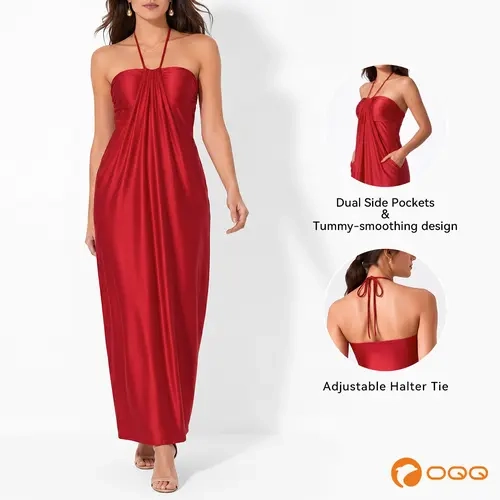 OQQ Women's Bodycon Satin Halter Maxi Dress - Sleeveless, Off-Shoulder, Tie-Back, Pockets, Tummy-Hiding, Backless, Elegant Plain Formal Wear for Evening Parties, Sexy Occasions, Bodycon Satin Dress