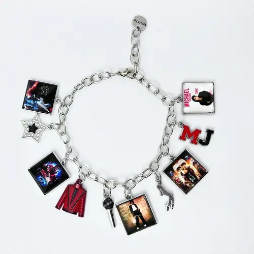 Music Inspired Charm Bracelet, Vintage Link Chain Bracelet with Microphone, Jacket & Album Charms, Unisex Fan Gift, Back to School jewelry gift fashion woman