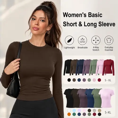 [TIMEOFF] Women's Slim Fit Solid Color Crewneck Short Sleeve Casual Sporty Top, Stretch Polyamid Breathable Athletic Top, Anti-Wrinkle No See-Through Casual Wear Activewear, Sagging-Preventing Athleisure Sports T-Shirt, Ideal for Yoga & Running