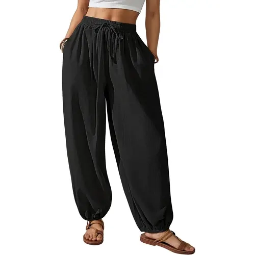 Bsubseach Women's Soft Breathable Cotton Loose Harem Pants - Minimalist Wide Leg, Cuffed Baggy Bottoms, Drawstring Elastic Waist, Pockets, Basic Casual Loungewear, Crop Top Compatible for Summer Beach Use