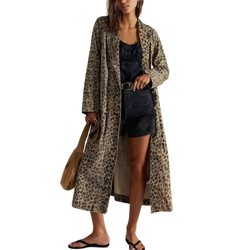 Chouyatou Women’s 2026 Fall Distressed Midi Denim Trench Coat Leopard Print Long Jean Overcoat Jacket