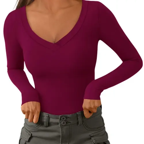 PRETTYGARDEN Women's Long Sleeve V Neck Tops 2026 Slim Fit Stretchy Casual Going Out Basic Shirts