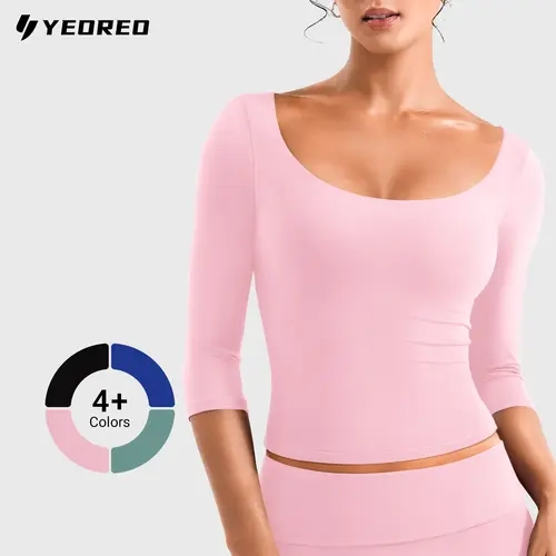 YEOREO Ease Women's 3/4 Sleeve Athletic Workout Tops - Double Lined Scoop Neck, Slim Fit, Soft Breathable Nylon Blend Reversible Activewear for Yoga, Gym