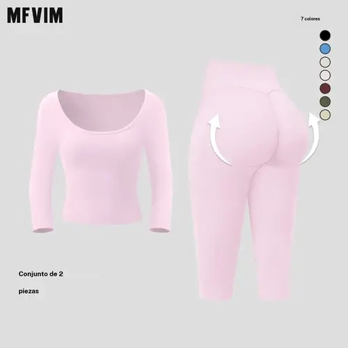 MFVIM women’s pure-yet-sensual off-the-shoulder slim-fit, waist-cinching, second-skin feel 3/4-sleeve yoga pants two-piece set; high-waisted, tummy control shaping for fitness and Pilates, suitable for everyday wear.
