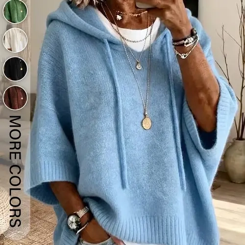 Women's Fall & Winter Solid Color Hooded Drawstring Loose Fit Knit Pullover, Casual Comfortable Sweater for Daily Wear, Stylish and Warm Knitwear