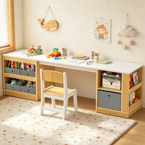 Modern Kids Single-Seat Study Desk & Chair Set - Cute Table & Chair Sets for Kids' Corner, Natural & White Wooden Base Nursery Furniture, 66.9" Width Toddler Table with Storage Cubes, Pull-Out Drawers for Writing, Drawing