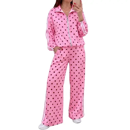 Fisoew Women's 2-Piece Polka Dot Tracksuit - Lightweight Matching Set with Zip-Up Collar Long-Sleeve Jacket & Striped Wide-Leg Pants, Comfortable Casual Loungewear Clothes for Women, Polka Dot 2 Piece Sets