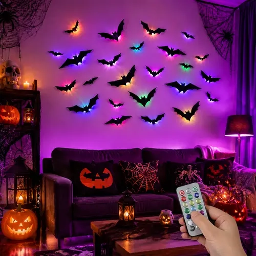 24 PCS 3D Bat Wall Stickers with 12 LED Lights, Remote, Timer, 13 Colors, Thick PET (10 Sizes), Painter's Tape - LED Decoration, Indoor Festive Decor for Decorating for Halloween Parties