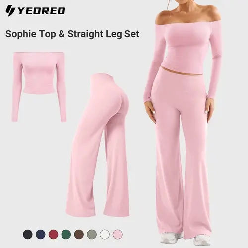 YEOREO Women's 2-Piece Minimalist Off-Shoulder Chic Top & Straight Leg Solid Color Set - Casual Summer Outfit, Night Out Top, Women's 2 Piece Sets