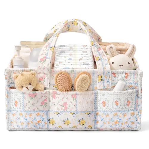 FLOE Diaper Caddy Organizer - Home Storage Bin with Handle Carry, Portable Baby Travel Organizer, Built-in Wipe Holder, Botanical Print