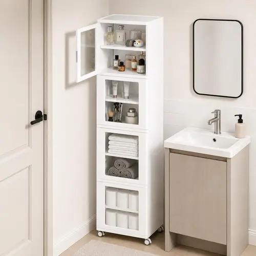 【Bathroom Storage Cabinet】Vtopmart 63.2" Tall Slim Bathroom Storage Cabinet with 4 Adjustable Shelves and 4 Doors, Freestanding Cabinets Organizer with Wheels and Anti-tip for Laundry, Kitchen, Pantry, White