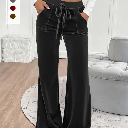 Women's Casual Drawstring Waist Flare-Leg Pants with Pockets, Sportswear, Everyday Home Wear, Fall Clothes, Wide Leg