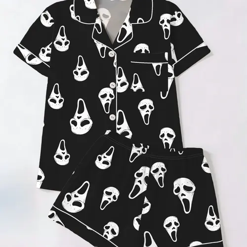 Women's Short Sleeve Sleepwear Set, Pjs, Halloween Skull Print, Casual Fitted Above Knee, All Seasons, Daily Home Wear