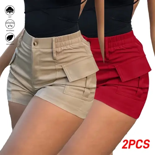 Women's High-Waisted Cargo Shorts (2 Pcs Set), Polyester Fabric, High-End Minimalist Design, Multi Utility Pockets, Straight Cut, Loose Fit, Casual Relaxed Shorts for Casual Vacations, Office Commuting