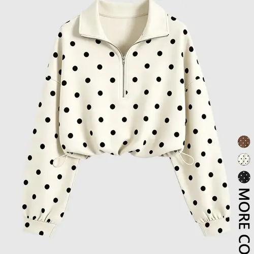 Women's Polka Dot Half Zip Collared Cropped Sweatshirt Drop Shoulder Long Sleeve Pullover Adjustable Drawstring Hem Loose Oversized Trendy Dot Pattern Top Casual Streetwear Blouse Casual Sweatshirts