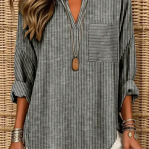 Women's Striped V-Neck Drop Shoulder Sleeve Casual Loose Fit Pocket Long Sleeve Shirt, Comfortable and Stylish Women's Clothing, Loose Shirts