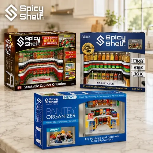Spicy Shelf Premium, Deluxe & Savvy Adjustable Pantry Organizer for Kitchen Cabinet, Boxes & Containers, Racks
