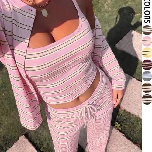 Striped Three-Piece Set, Tank Top Cardigan Wide Leg Pants, Y2K Home Wear Trend, Casual Vacation Set, Street Style Women's Ensemble