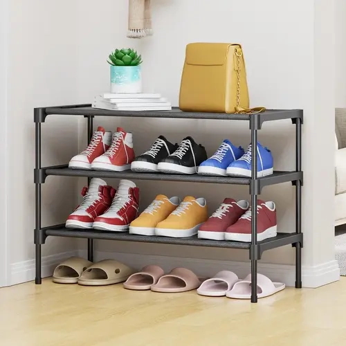 Kitsure Rectangular 3-Tier Black Metal Footwear Organizer - Single Unit with Waterproof Non-Woven Fabric, Anti-Rust Powder-Coated Shelf for Entryway, Hallway