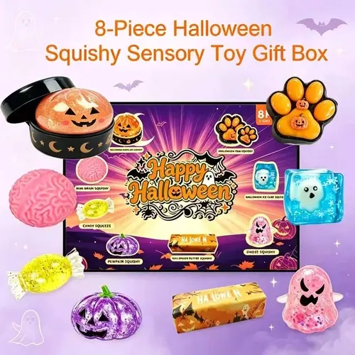 Halloween Malt Sugar Slow Rising Squishy Squeeze Stress Ball Fidget Toys Gift Box (8-Pack) - 8 Assorted Spooky Horror Designs Sensory Bundle, Unisex Party Bag Gift for Halloween Parties - sohochic