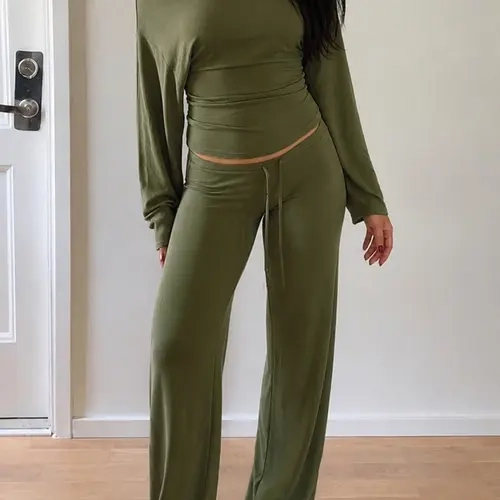 Women's Solid Off-Shoulder Casual Loungewear Set, Elastic Long Sleeve Top and Long Pants Set, Comfortable Stylish Y2K Slim Two-Piece Outfit