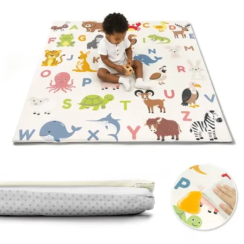 PRIMLECT Removable PU Leather Play Mat for Babies - 50x50in Thick Cushioned Playpen Size, Waterproof Wipe-Clean Non-Slip, Animal Print Alphabet Activity Nursery Rug (Wipe Clean Playgyms & Playmats)