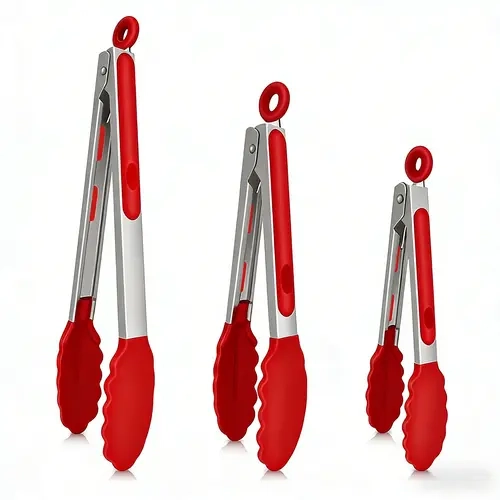 Sturdy 3-Piece Premium Stainless Steel Locking Grip Kitchen Utensils - Scissor-Shape Tongs with Silicone Tips, Outdoor BBQ Utensils for Grilling Use