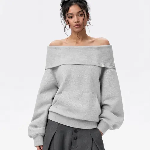 Aelfric Eden Women's Soft Thick Chunky Knit Off-Shoulder Hoodie - Solid, Relaxed Boxy Silhouette, Balloon Long Sleeves, Street Casual Lazy Vibe Style Clothes for Women