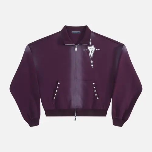 Aelfric Eden Gradient Washed Rivet Cropped Bomber Jacket Gradient Wash Finish Gothic Lightning Cross Print Pocket Rivet Detail Relaxed Boxy Cropped Silhouette Heavyweight Soft Fabric Vintage Punk Streetwear Unisex Top
