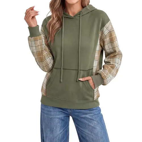 Shewin Women's Lady Casual Cotton Loose-Fit Hoodie Sweatshirt - Longsleeves Tops for Women, Color Block Plaid Spliced, Drawstring Neck, Drop Shoulder, Regular Length, Patchwork Pullover (Cold Wash Recommended)