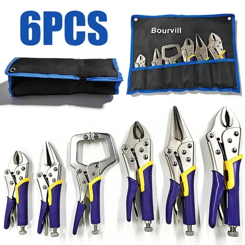 【P-M】6-Piece Locking Pliers, Vice Grips Pliers Set, 5",7" & 10" Curved Jaw Locking Pliers, 6-1/2" & 9-1/2 Long Nose Locking Pliers, 6" Locking C-Clamp, Two-Color TPR Handle, Roll Up Pouch Included
